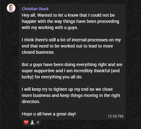 Message from a client thanking the team for their support