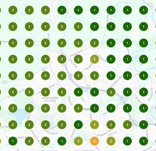 Local map pack grid after local SEO, mostly green top-three rankings