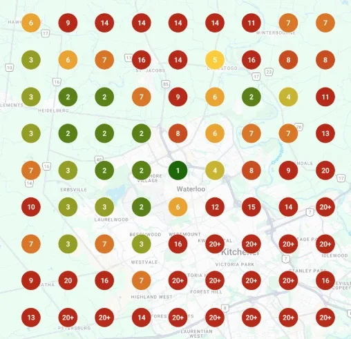 Local map pack grid before local SEO, mostly red rankings